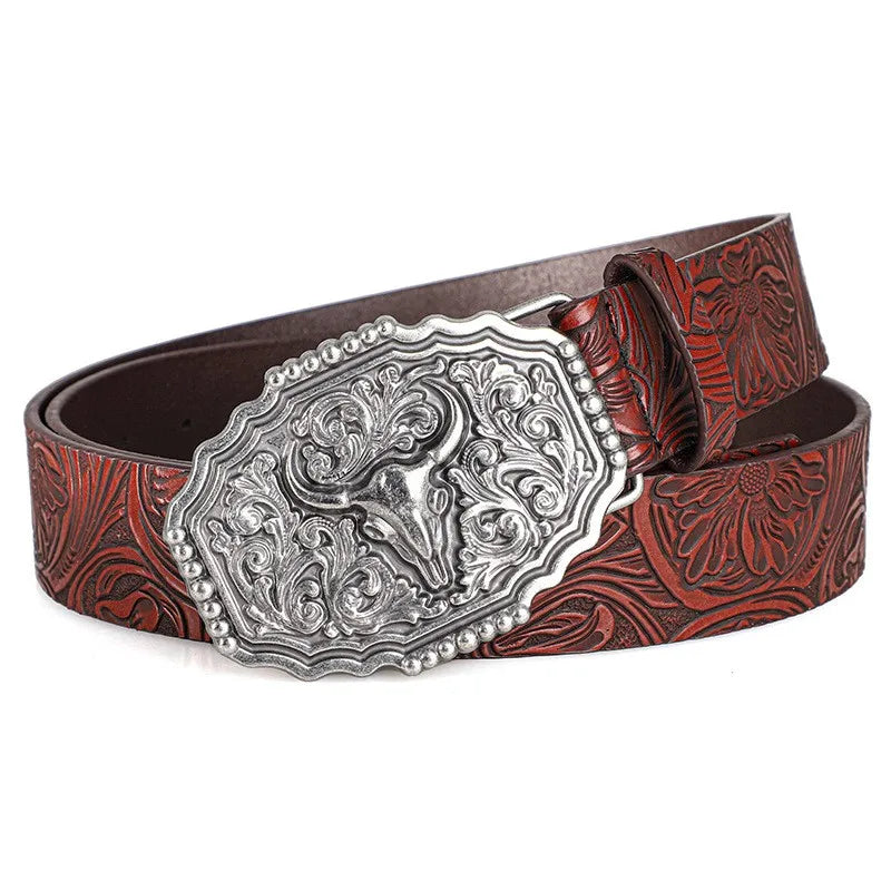 Western Cowboy Vintage Belt – Ox Head Buckle & Bohemian Print Western Fashion Belt SWANS