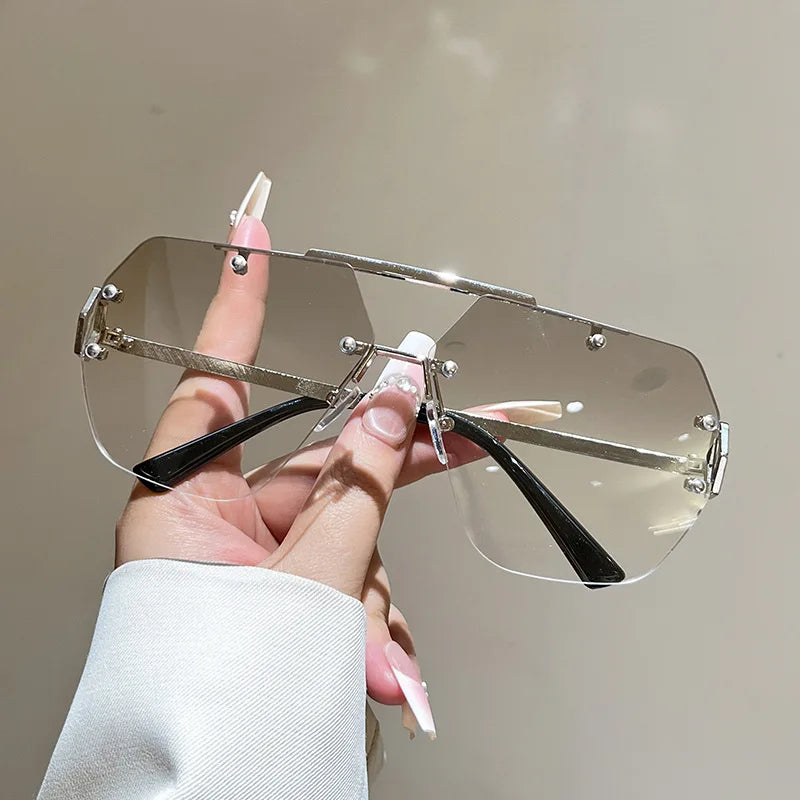 Y2K Rimless Pilot Sunglasses Double Bridge Rivet Metal Unisex Fashion Sunglasses SWANS Silver