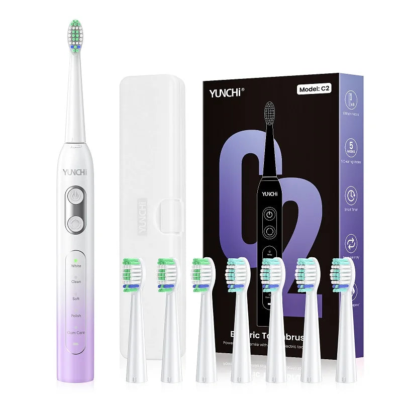 YUNCHI C2 Sonic Electric Toothbrush – 5 Modes, USB-C, 8 Heads Sonic Electric Toothbrush SWANS Purple-White