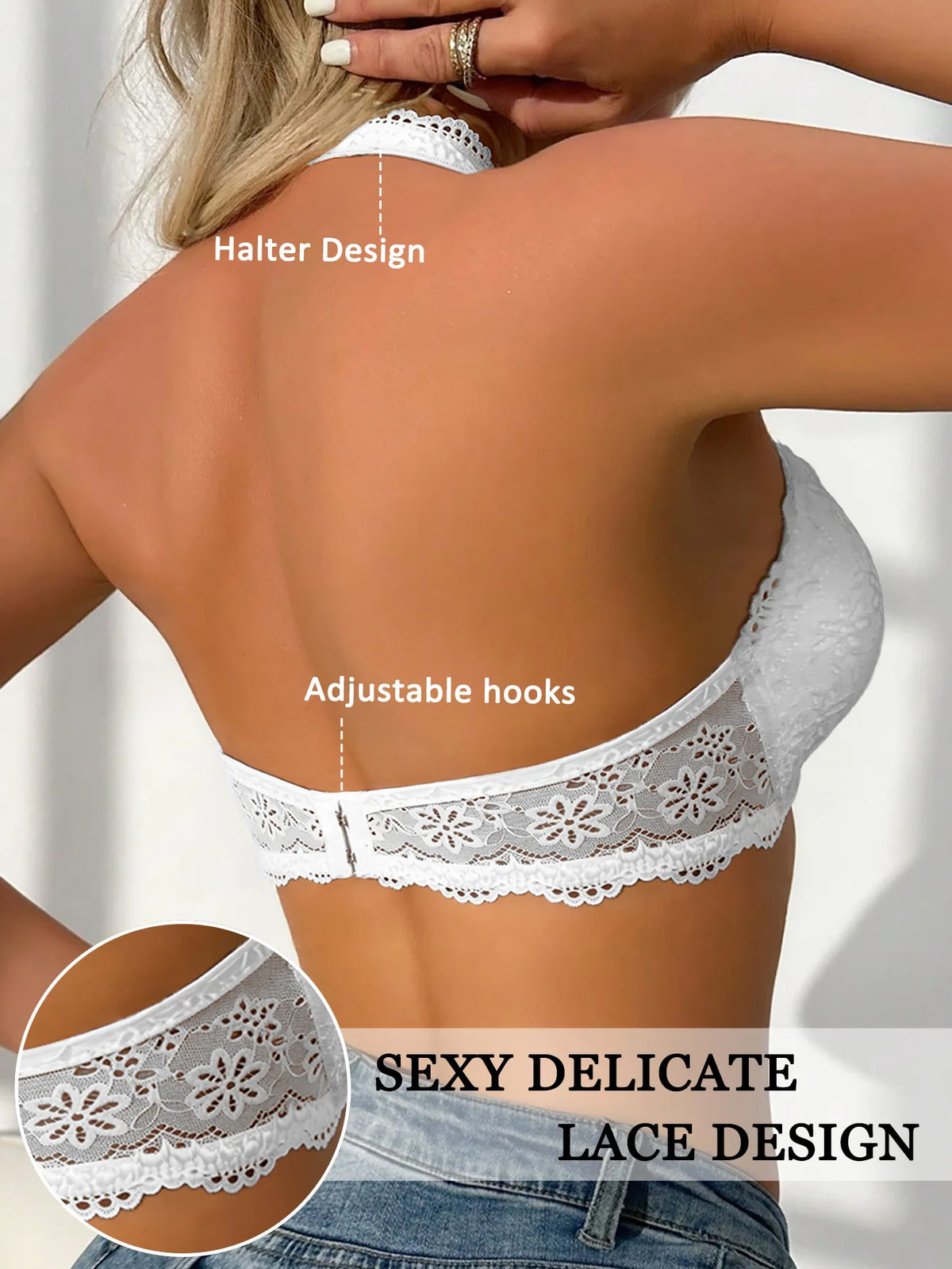 Women's Halter Lace Bralette – Wireless Deep V Floral Lace Bralette SWANS