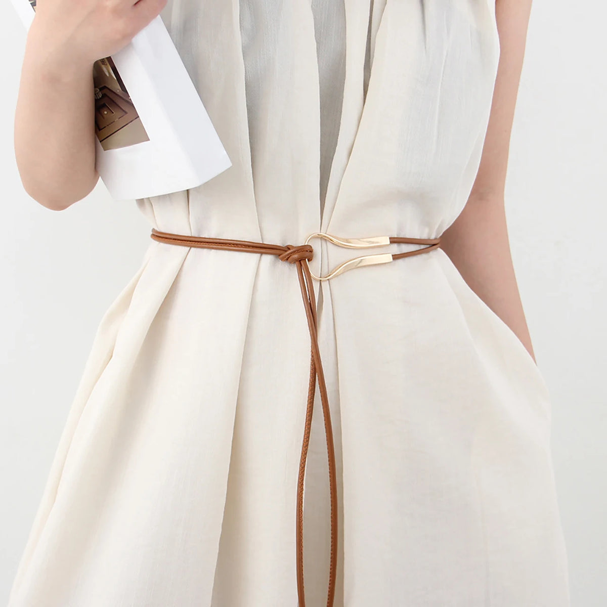 Women's PU Leather Knotted Thin Waist Belt – Decorative Girdle Women's Fashion Belt SWANS camel One Size
