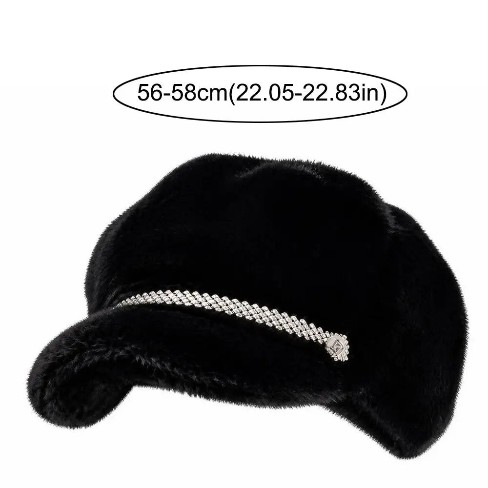 Faux Mink Fur Newsboy Beret – Rhinestone Strap Women's Winter Hat Faux Fur Beret SWANS