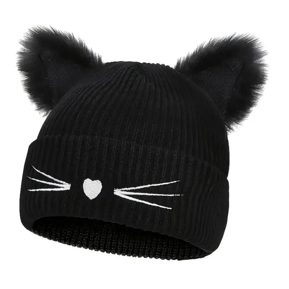 3D Cat Ear Knit Beanie Hat – Faux Fur Unisex Winter Skull Cap Knit Beanie Hat SWANS
