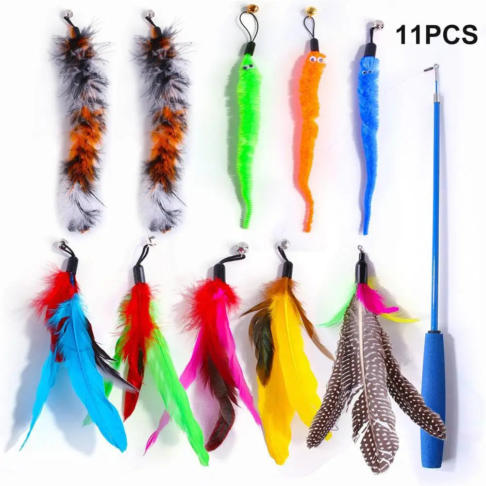 11-Piece Retractable Cat Wand Toy Set – 10 Feather Heads Cat Wand Toy Set SWANS 11pieces
