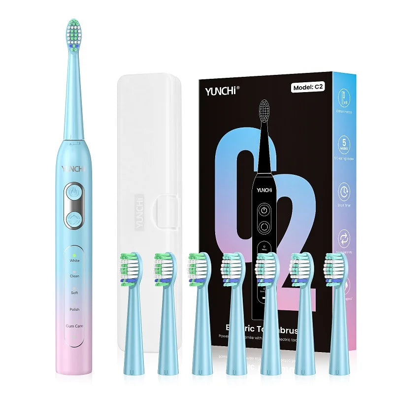 YUNCHI C2 Sonic Electric Toothbrush – 5 Modes, USB-C, 8 Heads Sonic Electric Toothbrush SWANS Pink-Blue