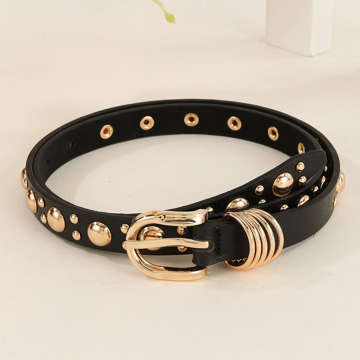 Punk Studded PU Leather Belt for Women – Metal Pin Buckle Women's Fashion Belt SWANS black 112x1.8cm