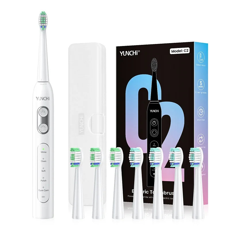 YUNCHI C2 Sonic Electric Toothbrush – 5 Modes, USB-C, 8 Heads Sonic Electric Toothbrush SWANS White