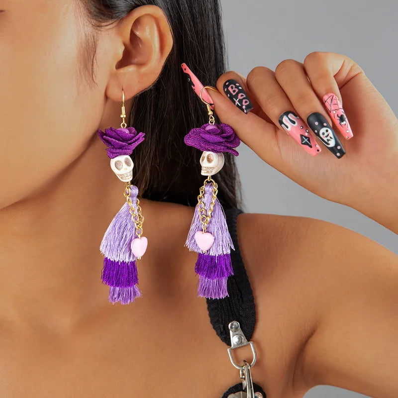 Gothic Skull Tassel Drop Earrings – Punk Bohemian Halloween Dangle Drop Earrings SWANS Style E