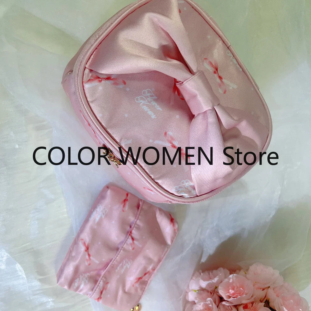 Flower Knows Pink Print Genuine Leather Cosmetic Tote Bag Cosmetic Tote Bag SWANS