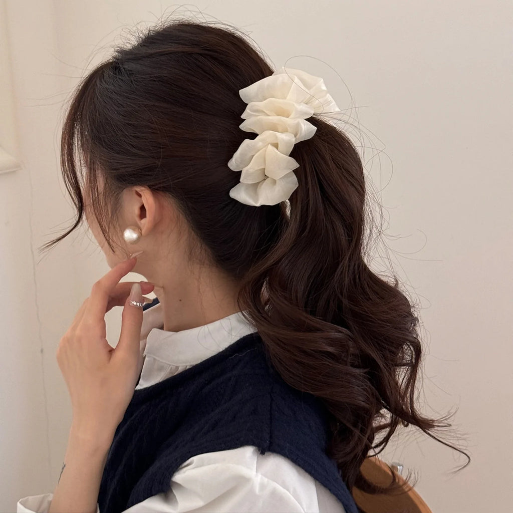 Chiffon Flower Hair Scrunchies 3-Color Set – Black Pink White Hair Scrunchies SWANS