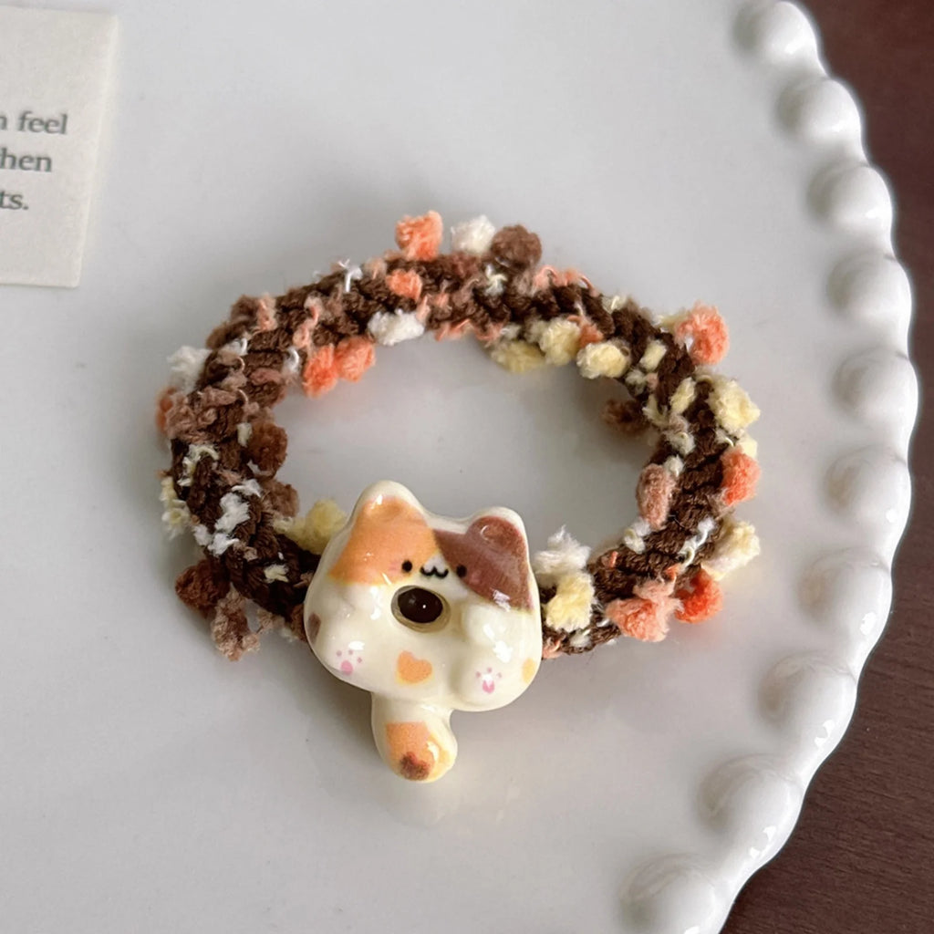 Cute Cat Donut Knitted Hair Scrunchie – Kawaii Girls Hair Tie Hair Scrunchie SWANS Brown cat