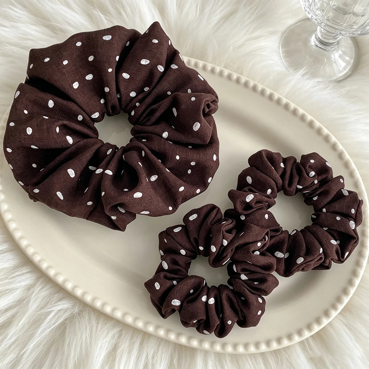 Vintage Polka Dot Linen Scrunchie – Retro Hair Band for Women Hair Scrunchie SWANS