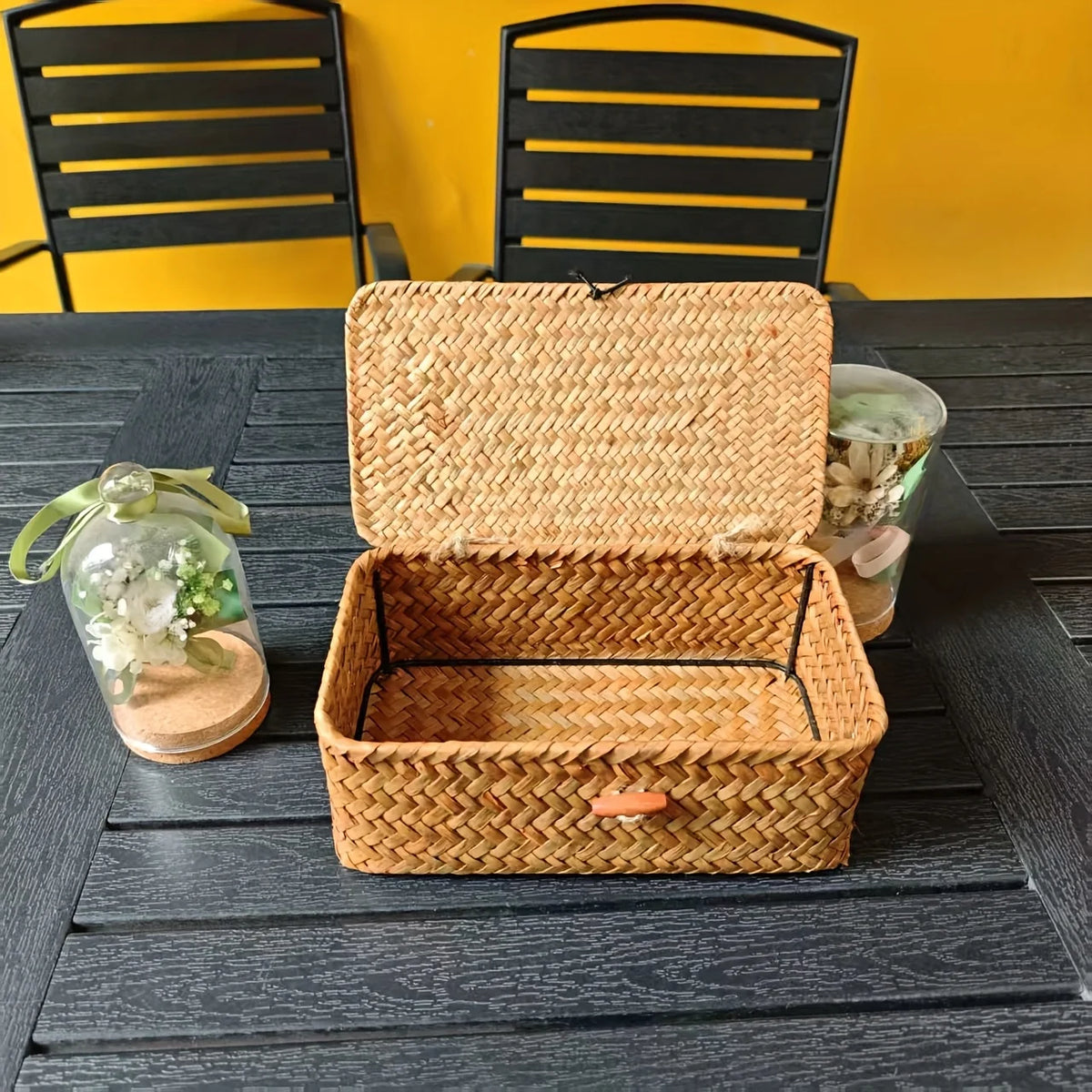 Woven Bamboo Covered Storage Basket – Boho Vintage Desk Organizer Woven Storage Basket SWANS
