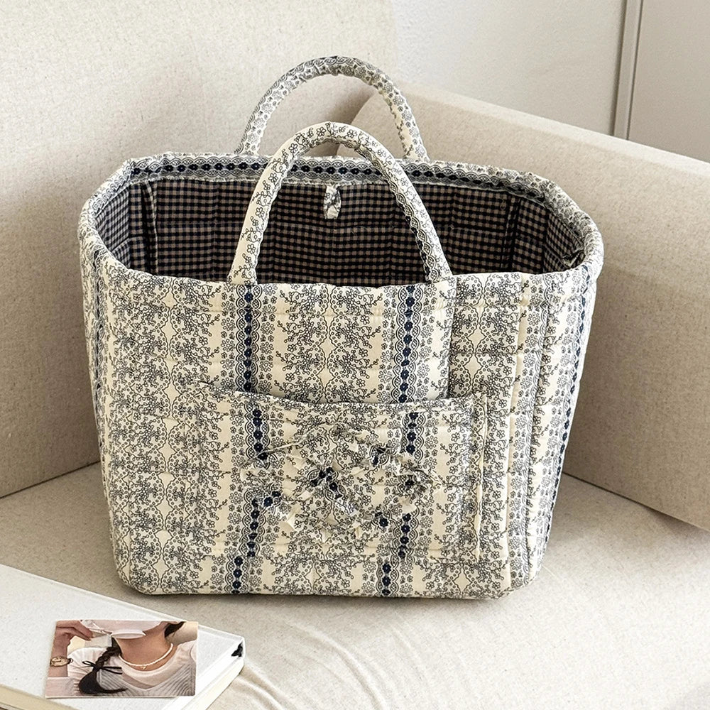 Vintage Floral Quilted Foldable Storage Basket with Handle Fabric Storage Basket SWANS 8