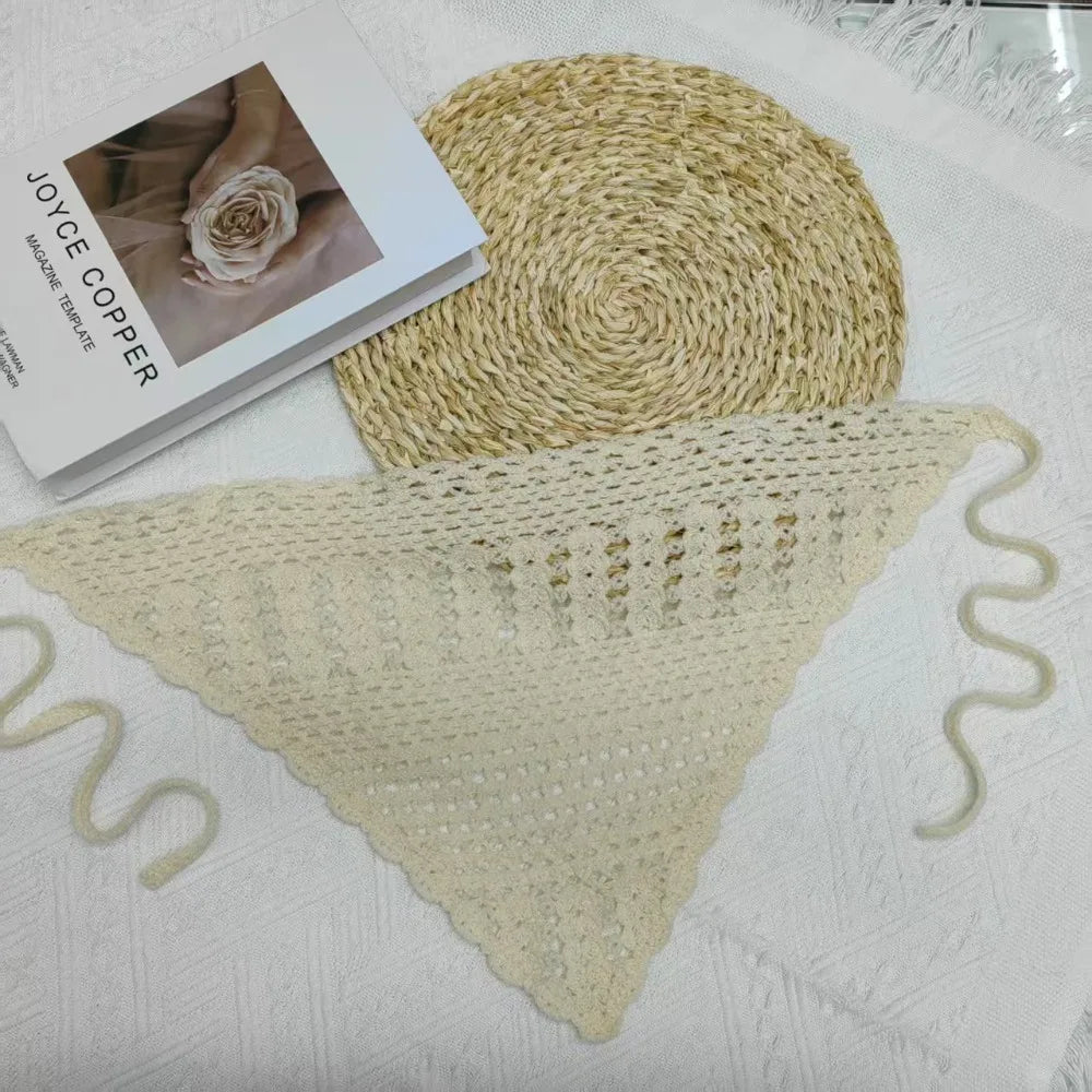 Women's Hollow Knit Crochet Headband – Soft Triangle Headscarf Knit Headband SWANS Beige