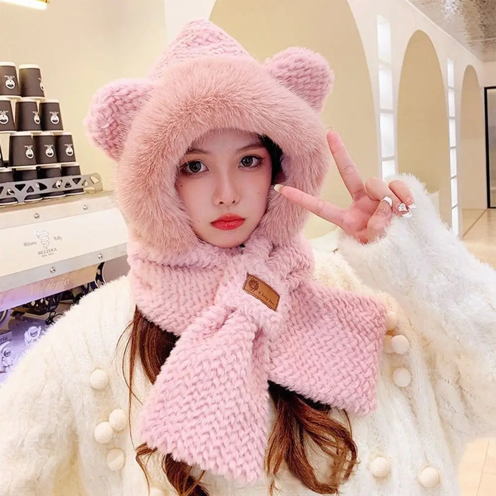 Women's Winter Windproof Hooded Cap & Scarf Set – Warm Soft Winter Hat Scarf Set SWANS Pink