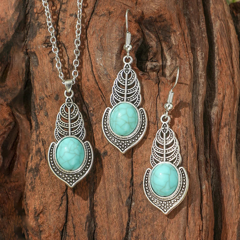 Vintage Turquoise Earrings & Necklace Set – Bohemian Jewelry Jewelry Set SWANS Style 5
