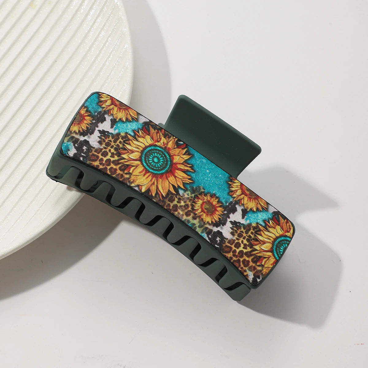 Western PU Leather Hair Claw Clips – Sunflower Southwest Print Hair Claw Clips SWANS 02