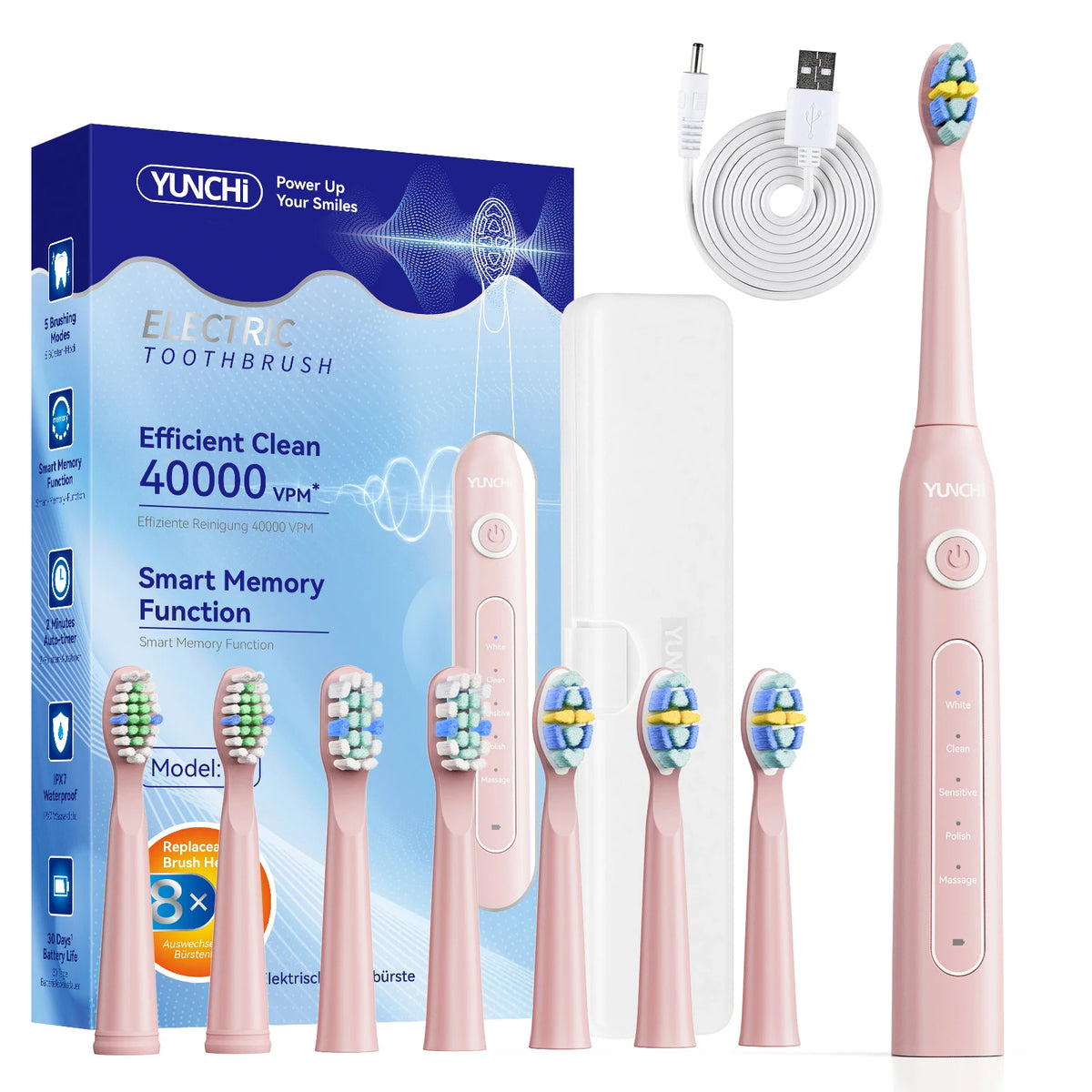 YUNCHi Y5 Electric Toothbrush | 5 Modes, IPX7, 8 Brush Heads Electric Toothbrush SWANS Pink USB Type-C