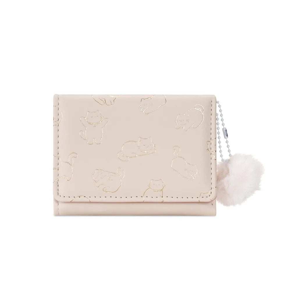 Women's Tri-Fold PU Wallet – Cute Cat Pom Pom Card Purse Women's Wallet SWANS Beige