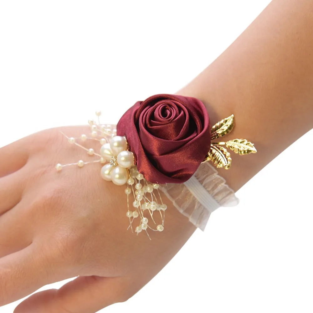 Rose Ribbon Wrist Corsage Bracelet – Wedding & Bridesmaid Wrist Corsage Bracelet SWANS wine red