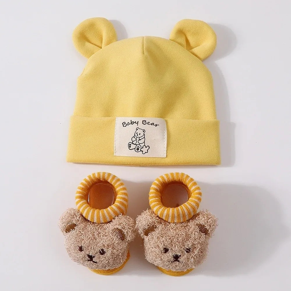 Newborn Bear Ear Beanie & Socks Set – Soft Cotton 2-Piece Baby Hat & Socks Set SWANS Yellow