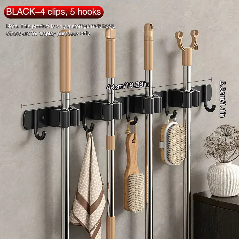 SWANS No-Drill Stainless Steel Mop & Broom Wall Organizer Wall Broom Organizer SWANS 4 clip 5 hooks BLACK M