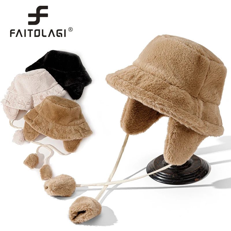 Women's Fluffy Faux Fur Bucket Hat – Warm Winter Fisherman Cap Winter Bucket Hat SWANS