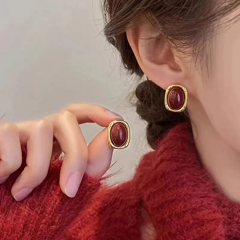 Vintage Wine Red Enamel Geometric Square Stud Earrings Stud Earrings SWANS