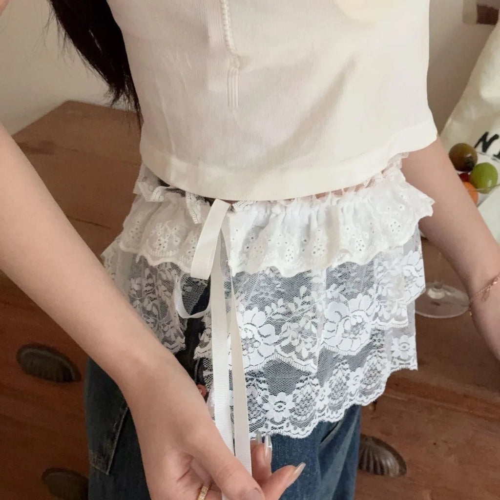 Korean Lace Layered Gauze Mini Skirt – White A-Line Women's Lace Mini Skirt SWANS