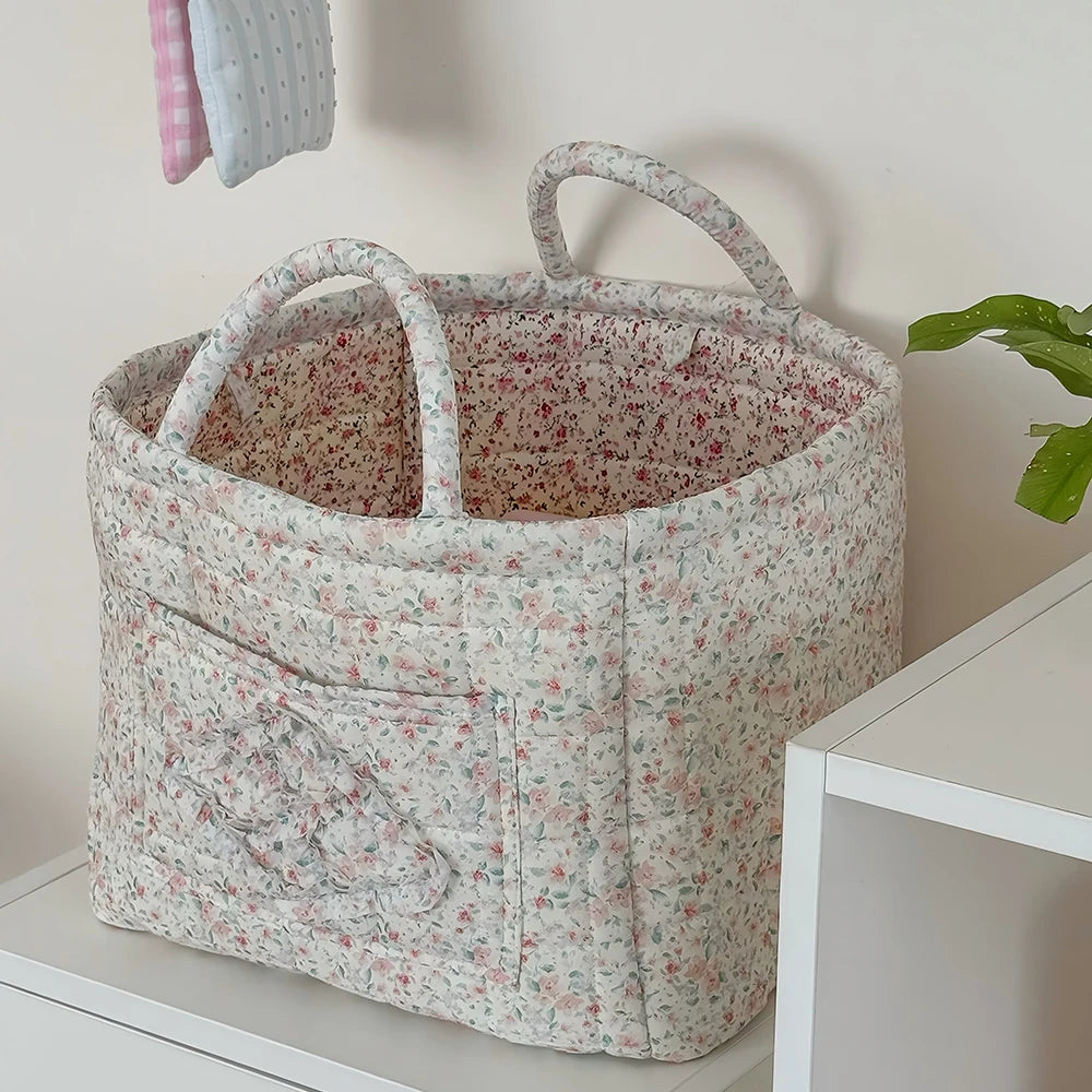Vintage Floral Quilted Foldable Storage Basket with Handle Fabric Storage Basket SWANS 3
