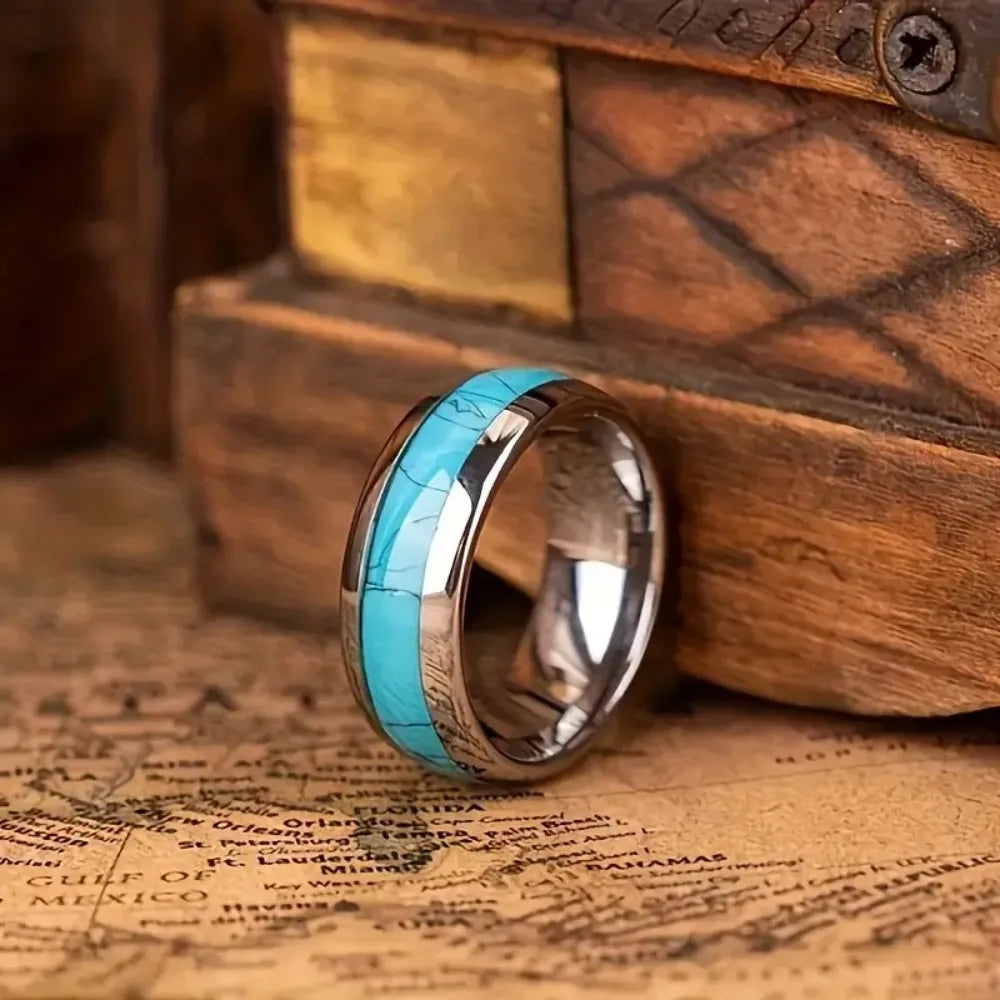 Blue Turquoise Inlay Stainless Steel Ring 8mm – Men & Women Fashion Ring SWANS