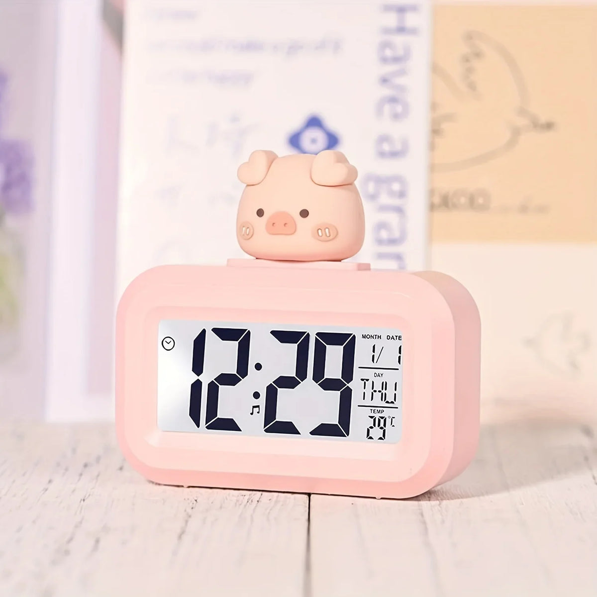 Cute Pig LED Digital Alarm Clock – Snooze, Temp & Calendar LED Alarm Clock SWANS Pink
