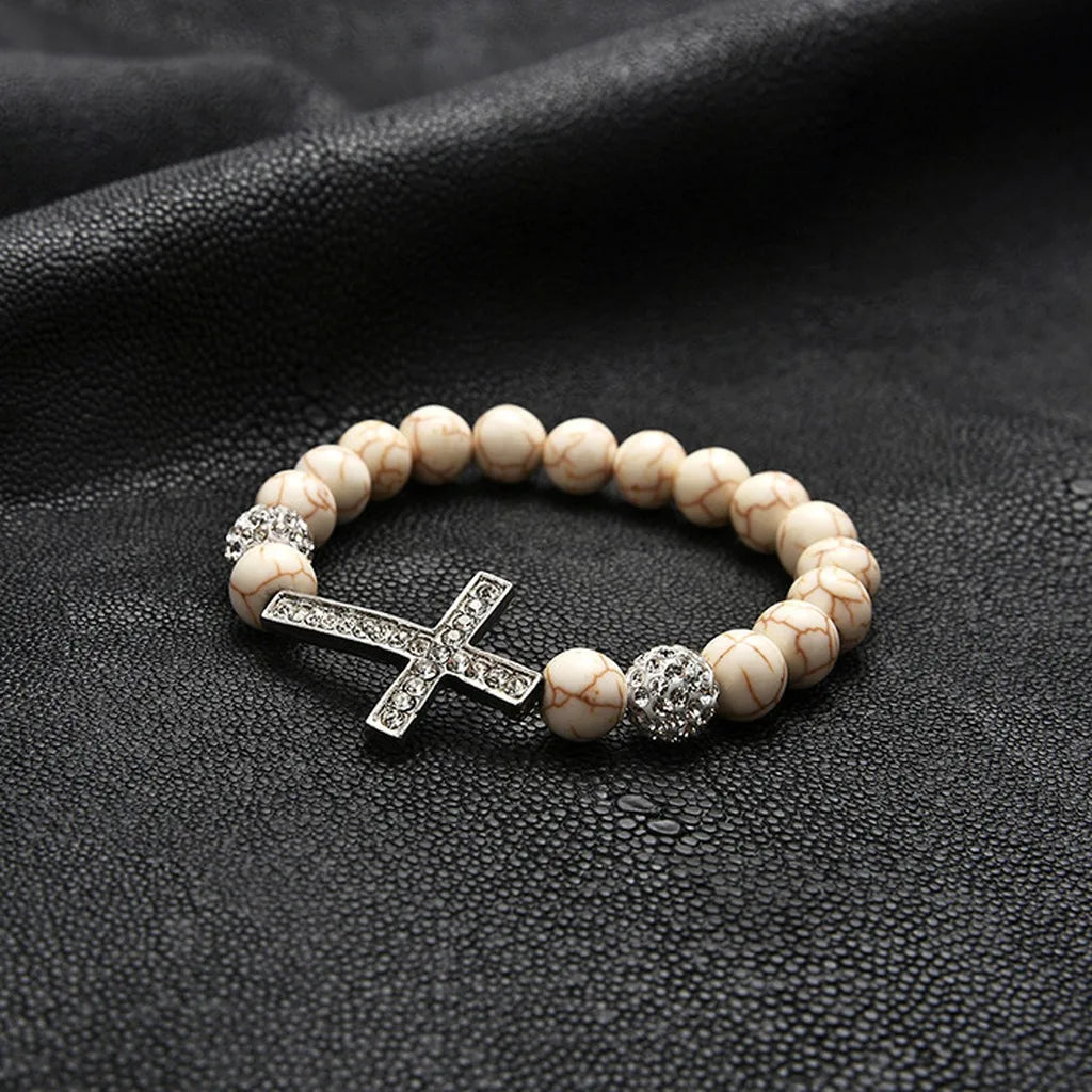 Turquoise Elastic Bead Bracelet – Unisex Rhinestone Cross Charm Bead Bracelet SWANS