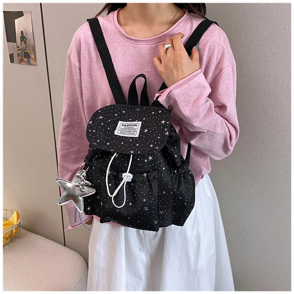 Women's Star Print Canvas Flap Backpack – Casual Daypack Canvas Flap Backpack SWANS
