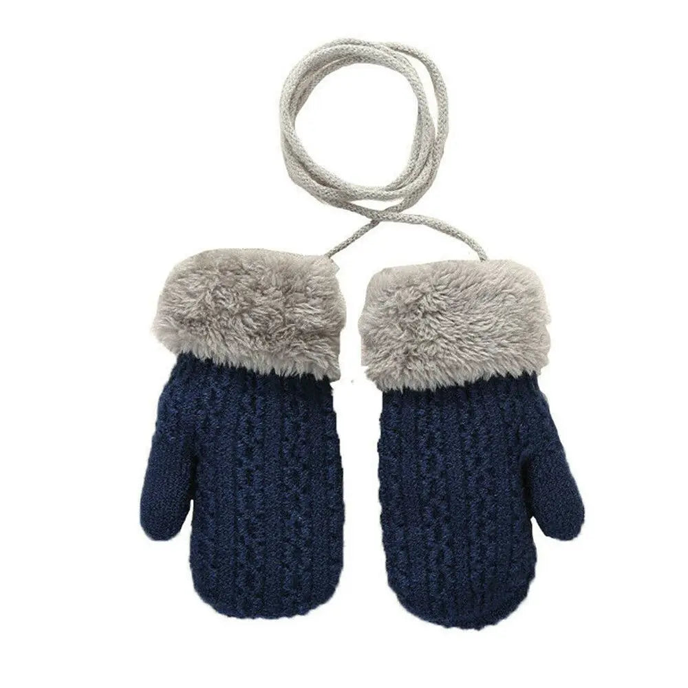 Kids Winter Knit Faux Fur Mittens Hanging Neck Gloves Ages 1–4 Kids Winter Mittens SWANS blue