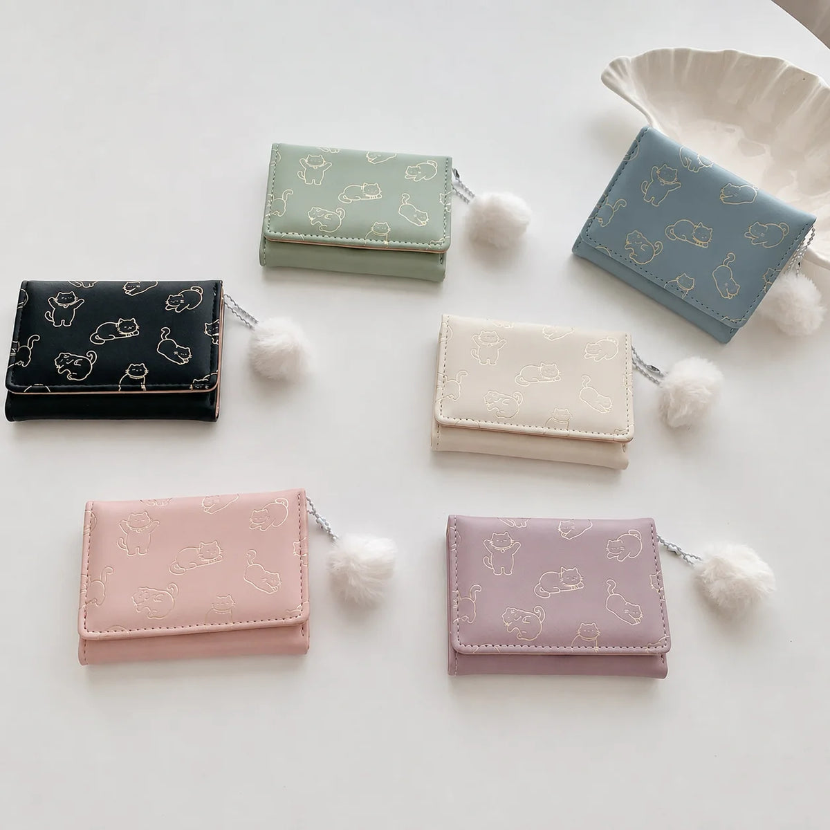 Women's Tri-Fold PU Wallet – Cute Cat Pom Pom Card Purse Women's Wallet SWANS