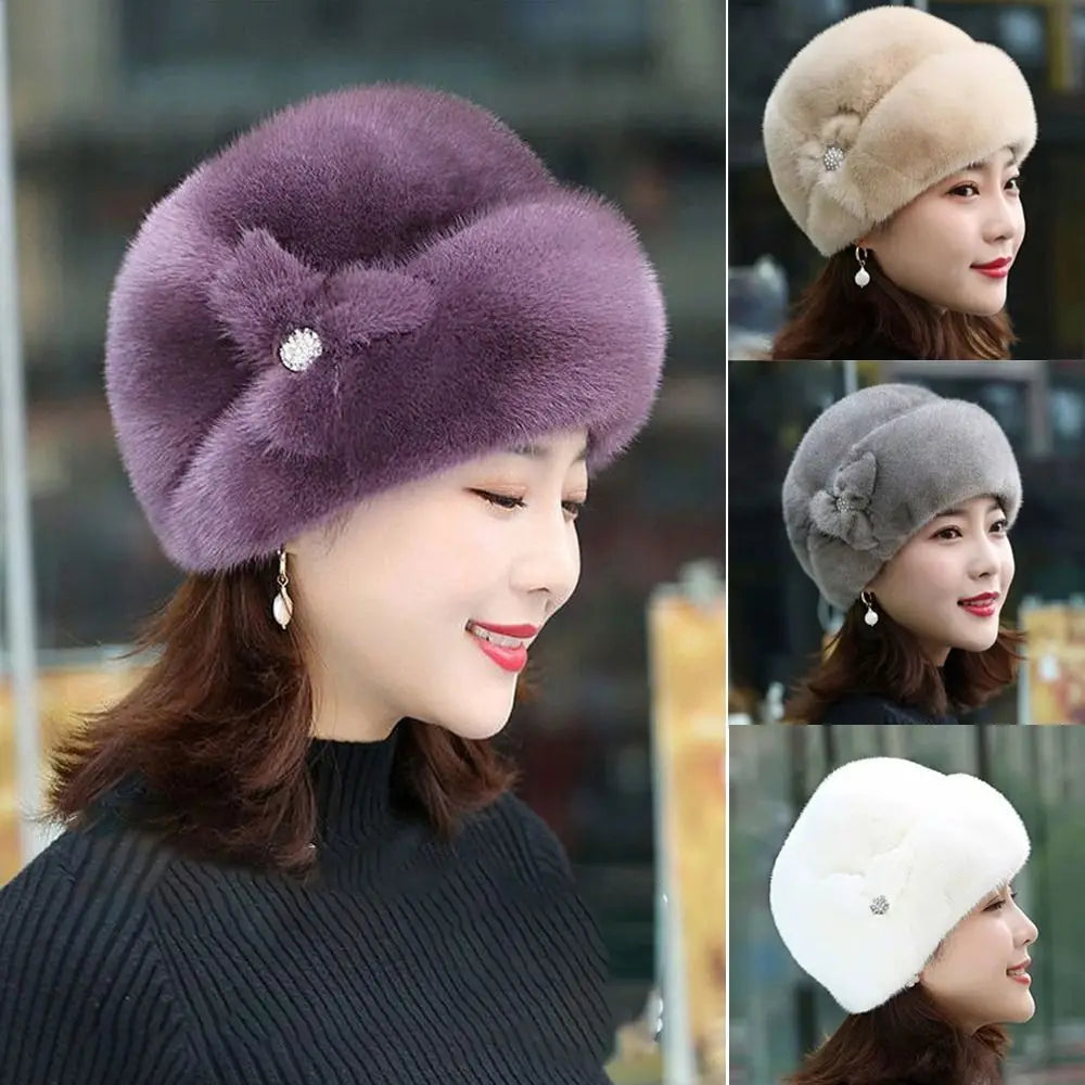 Faux Rabbit Fur Winter Bucket Hat – Flower Decor Women's Cap Winter Bucket Hat SWANS