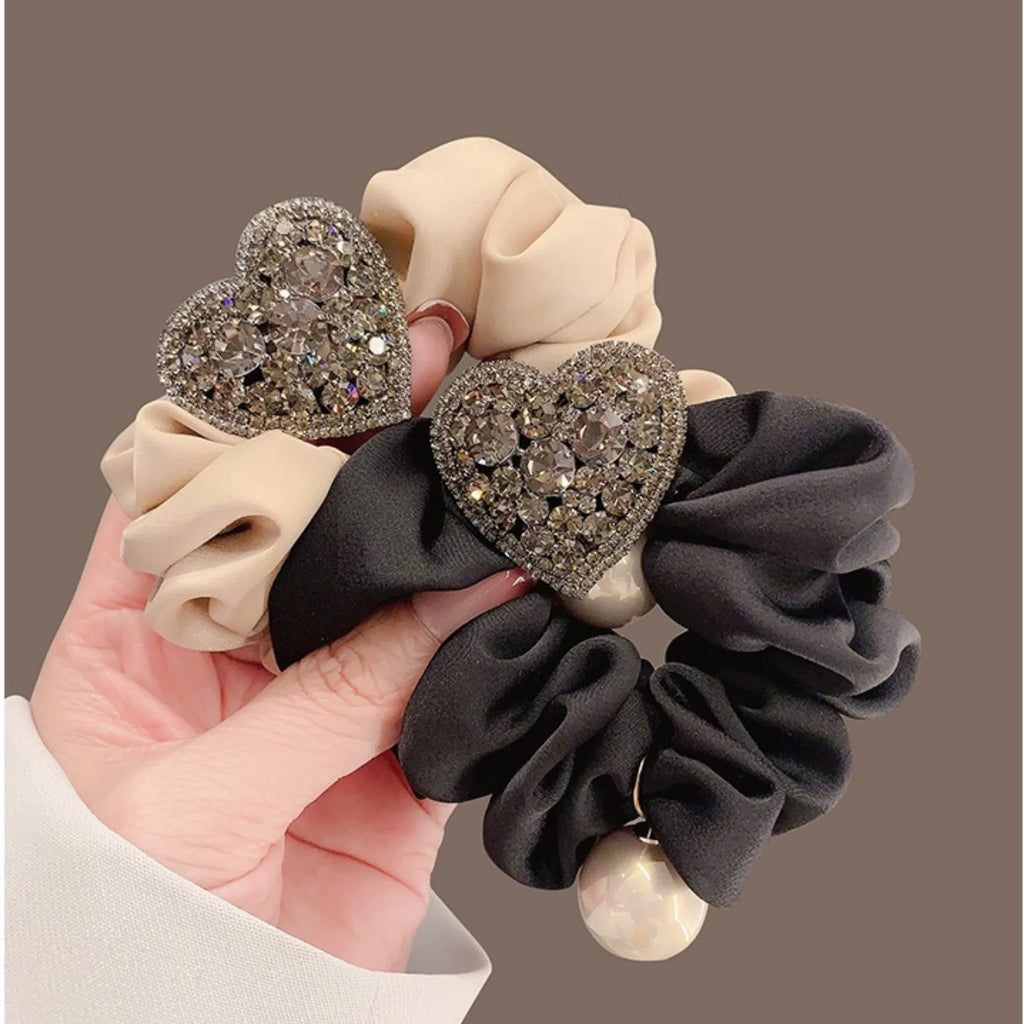Sparkly Heart Scrunchie – Rhinestone & Pearl Hair Tie | SWANS Hair Scrunchie SWANS