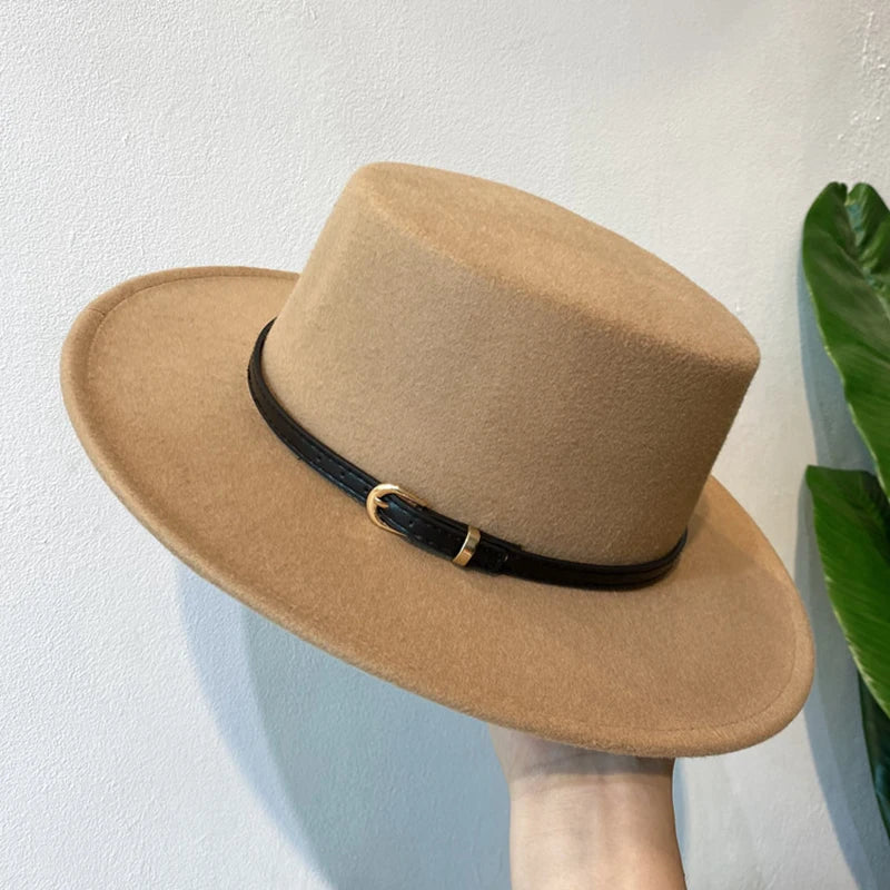 Women's Wool Fedora Hat – Belt Buckle Flap Brim Felt Cap Wool Fedora Hat SWANS AC 56-58cm