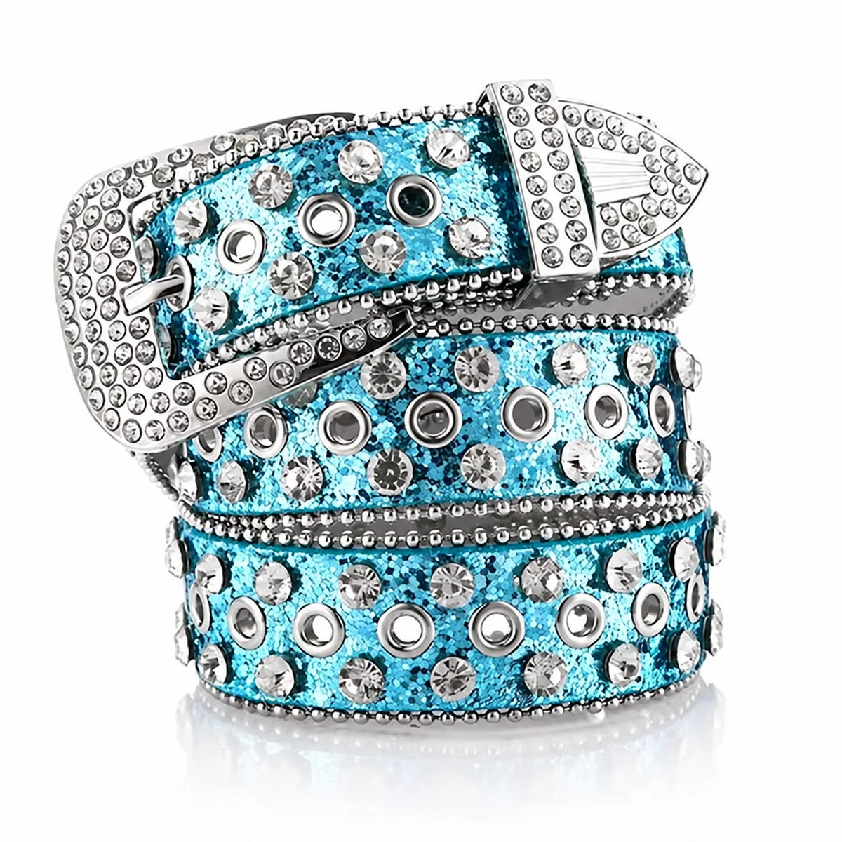 Women's Rhinestone PU Belt – Sparkly Pin Buckle, 6 Colors Rhinestone Fashion Belt SWANS Light Blue 105CM