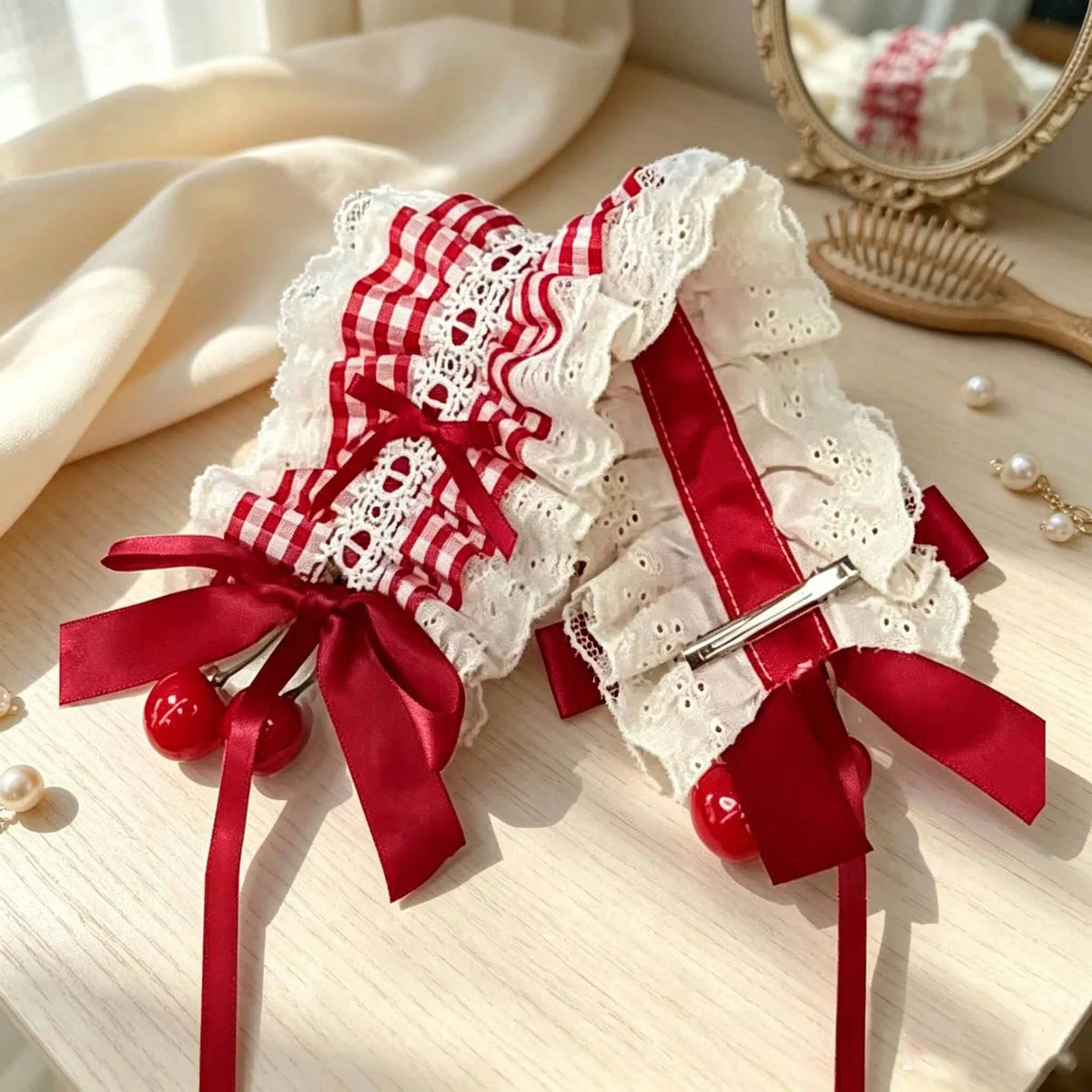 Lolita Cherry Headband Red Plaid Lace Ruffle Bow Hairband Lolita Hair Accessory SWANS