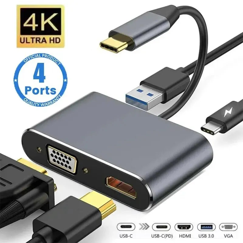 USB-C 4-in-1 Hub – 4K HDMI, VGA, USB 3.0 & PD Charging USB-C Docking Hub SWANS 4in1 USB C Hub