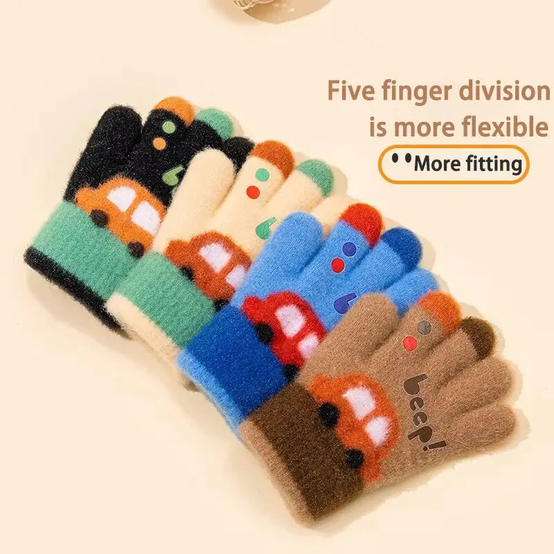 Kids Winter Knit Gloves Cartoon Car Design | Ages 3–7 Kids Winter Gloves SWANS