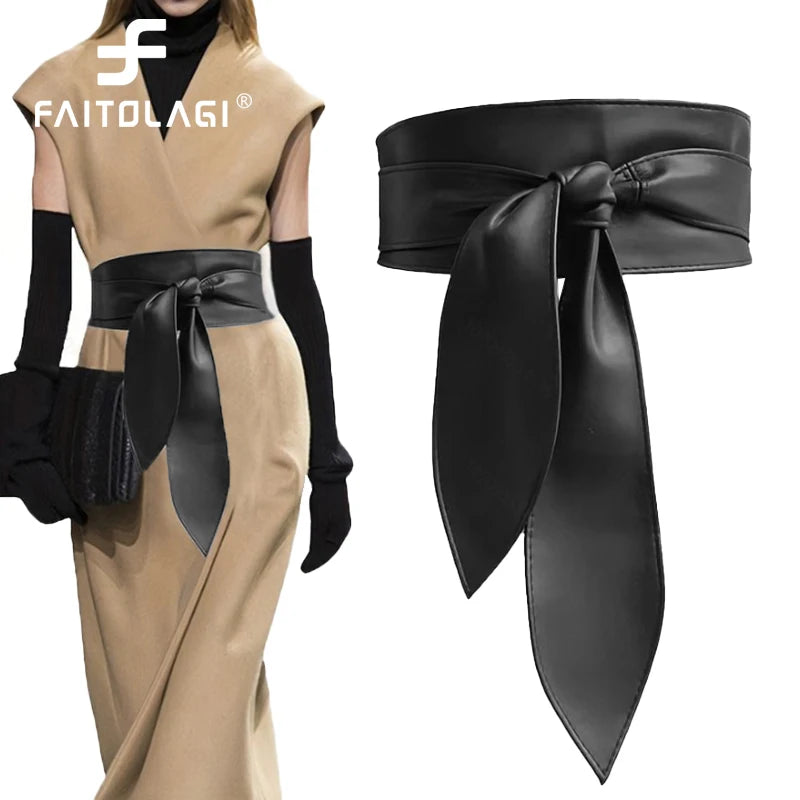 Women's Wide Faux Leather Knot Tie Belt – No-Hole Waistband Women's Fashion Belt SWANS
