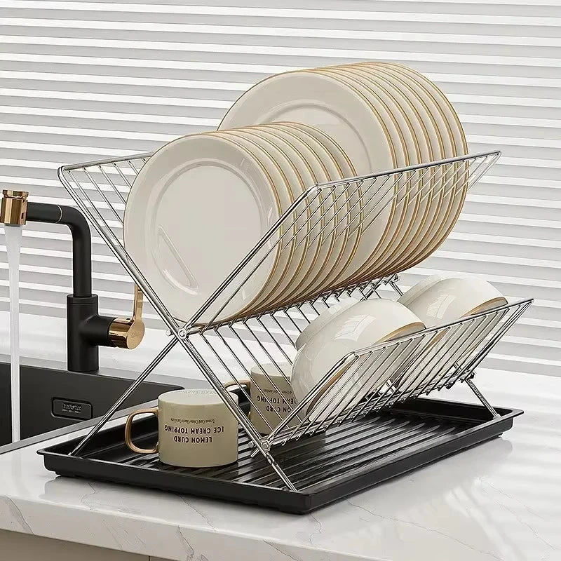 SWANS 2-Tier Folding Stainless Steel Dish Drying Rack & Tray Dish Drying Rack SWANS