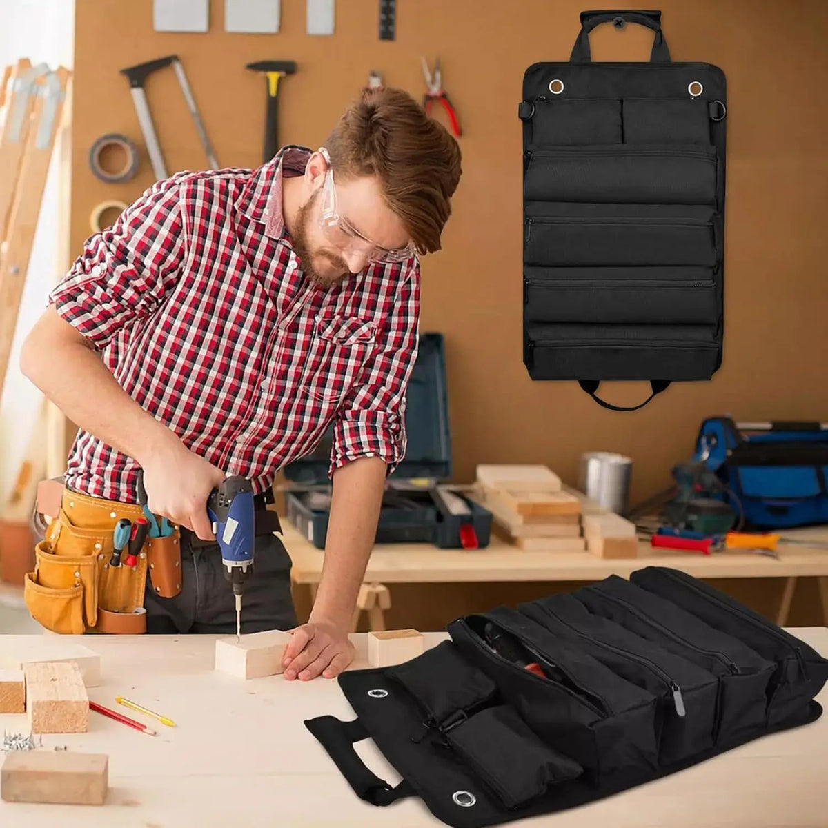 SWANS Roll-Up Oxford Tool Bag – Electrician Storage Organizer Tool Storage Bag SWANS
