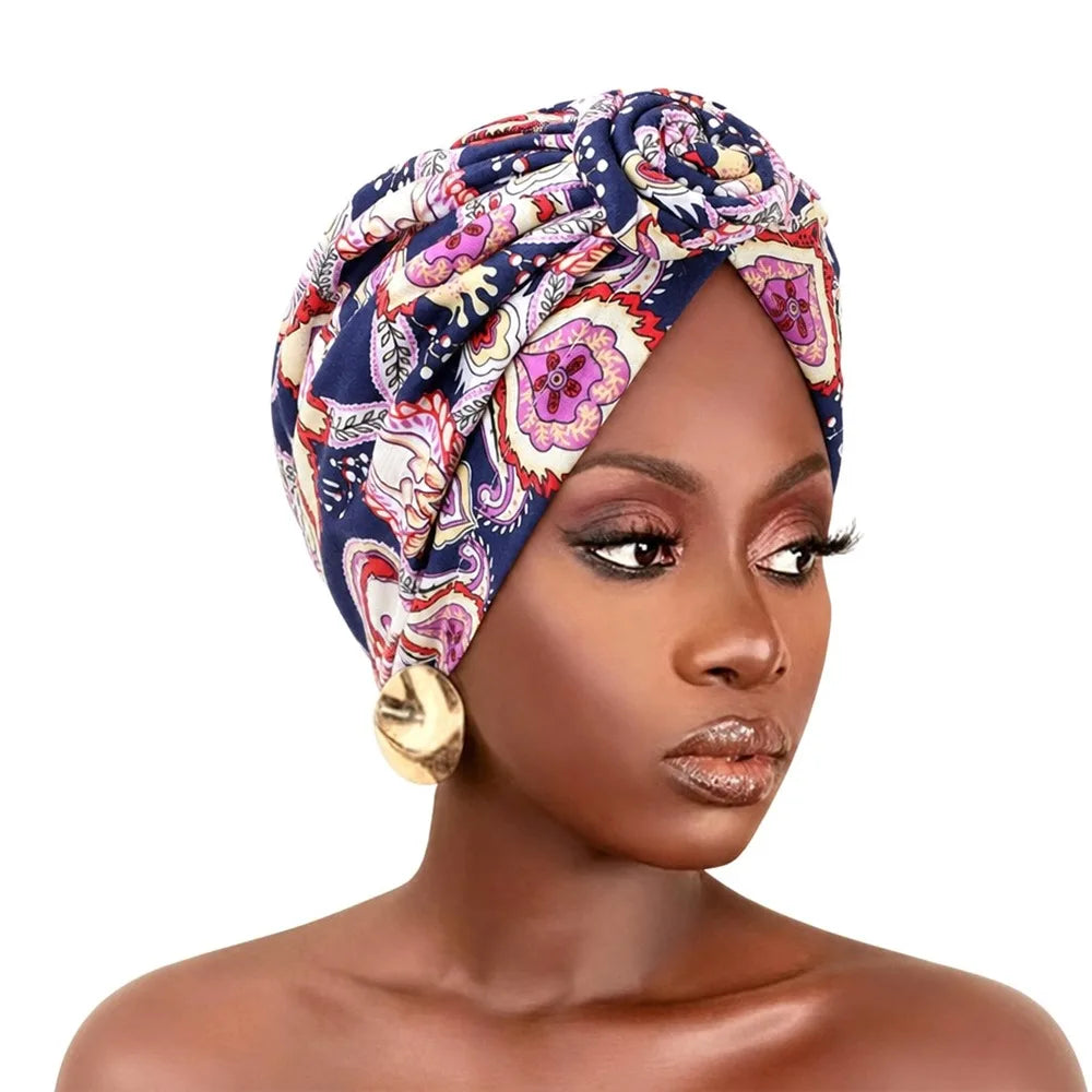 African Print Hijab Cap – Pleated Knotted Head Wrap | All Seasons Hijab Head Wrap SWANS 4