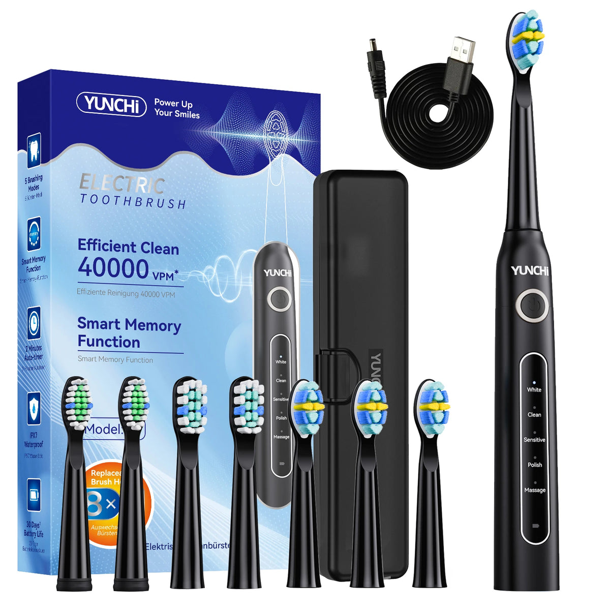 YUNCHi Y5 Electric Toothbrush | 5 Modes, IPX7, 8 Brush Heads Electric Toothbrush SWANS Black USB Type-C