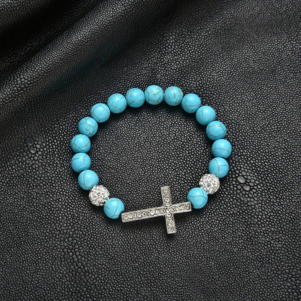 Turquoise Elastic Bead Bracelet – Unisex Rhinestone Cross Charm Bead Bracelet SWANS Light Blue